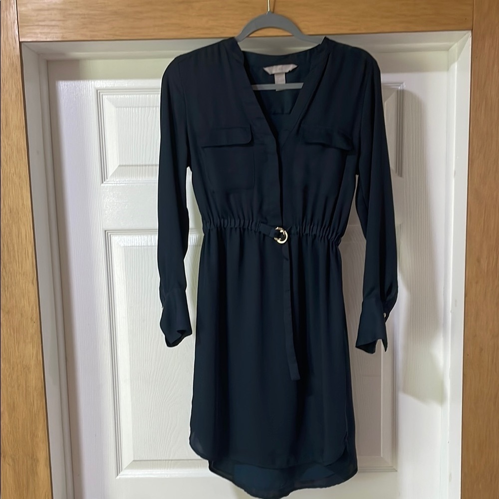 H&M Dress Size 4 Blue Long Sleeve Belted V-Neck Mini Lightweight - Picture 2 of 11